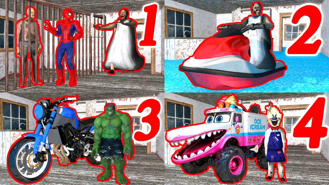 Granny 1 2 3 4 Escape With All Vehicles jet ski, ice cream Truck in Room - Gameplay Animation (P.9)