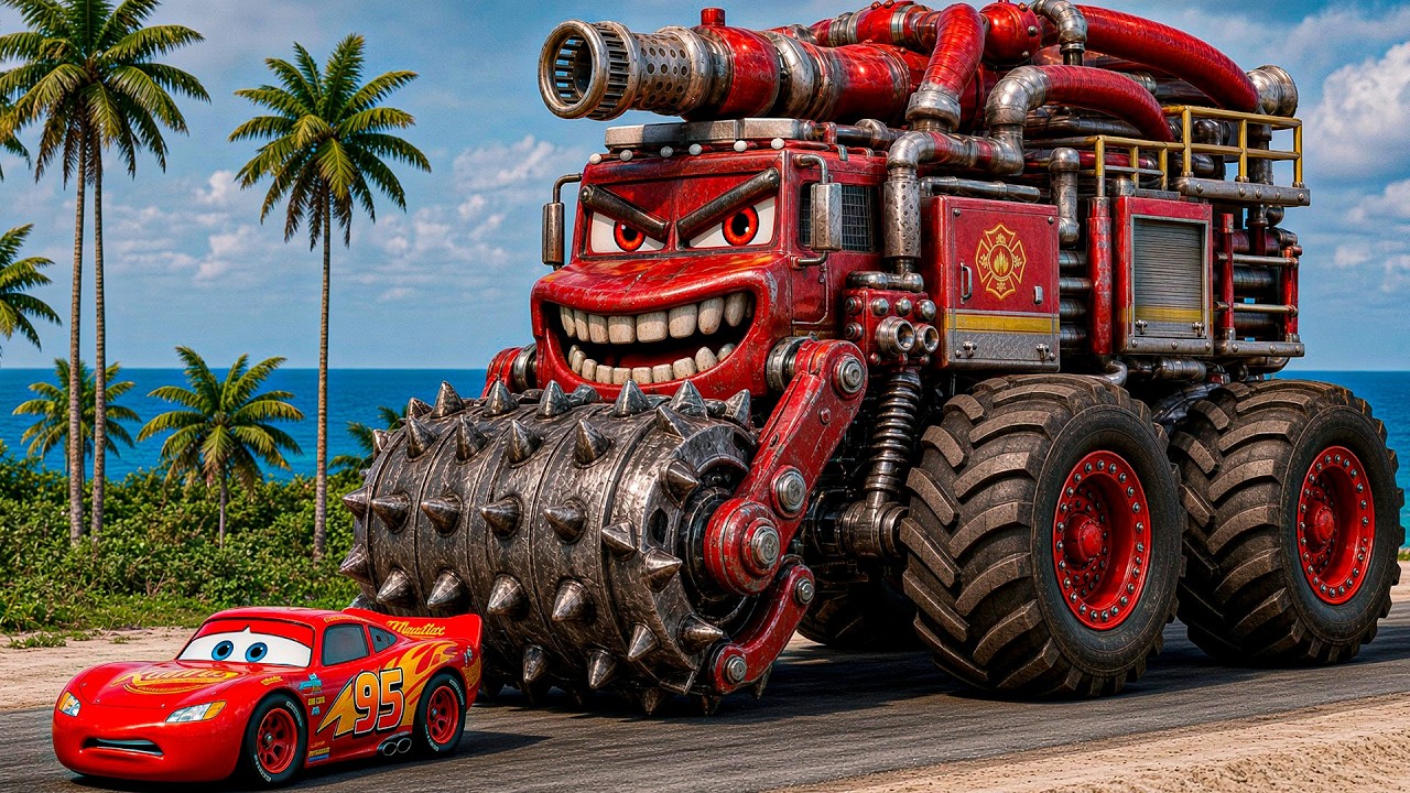 Epic Escape Lightning McQueen vs FLAME CANNON ROAD ROLLER CONSTRUCTION MONSTER TRUCK in BeamNG.drive